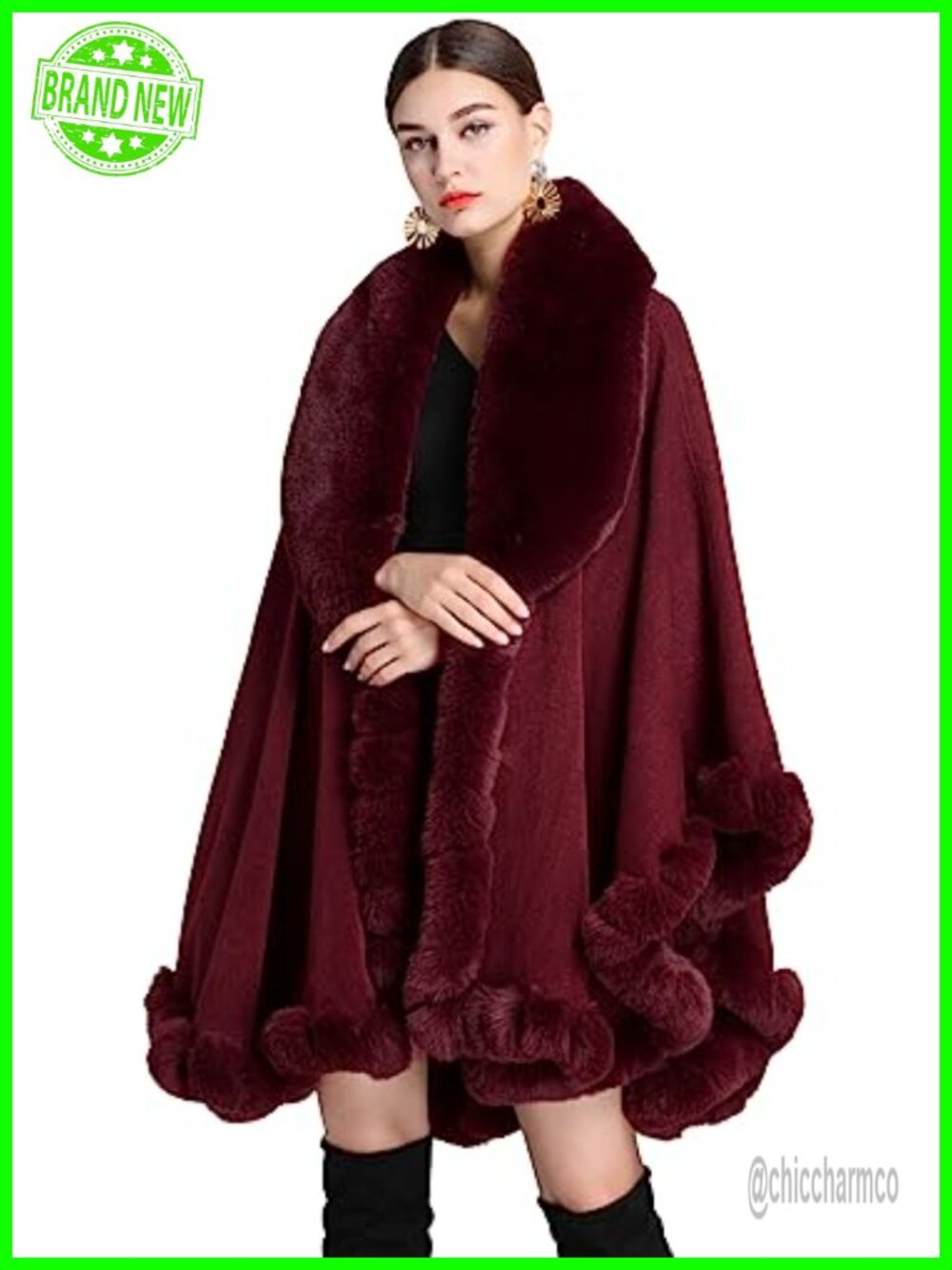 Faux Fur Collar Shawl Wrap Poncho Cape for Women One Size